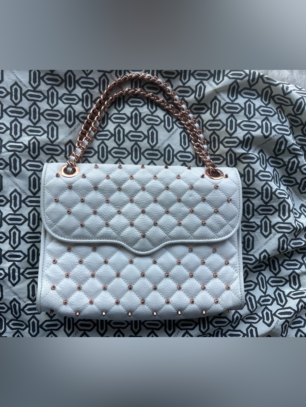 Rebecca Minkoff White Quilted Shoulder Bag with Rose Gold Chain studded